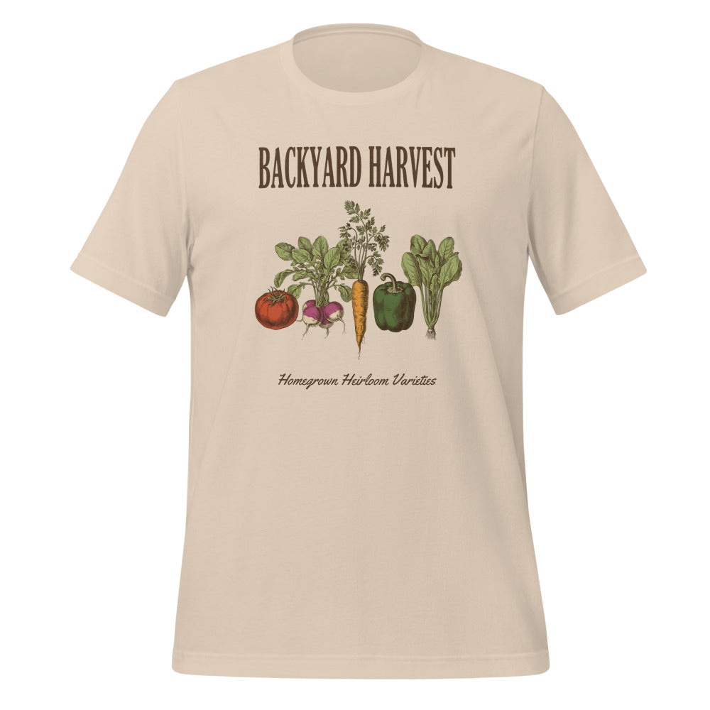 Backyard Harvest heirloom vegetable gardening tee — Soft Cream, front