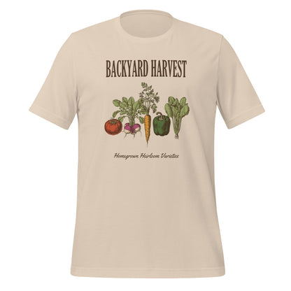 Backyard Harvest heirloom vegetable gardening tee — Soft Cream, front