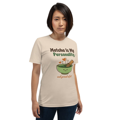 Matcha Is My Personality retro matcha tee — Soft Cream, on model