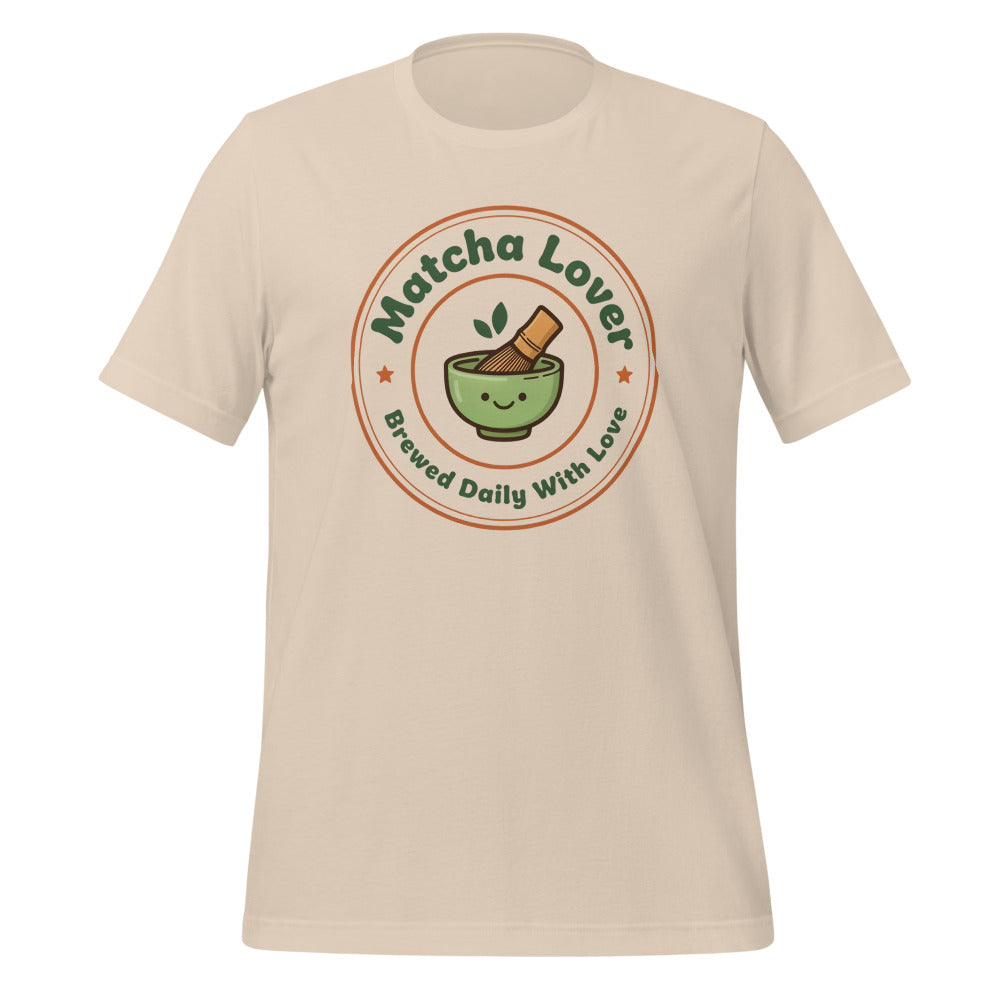 Matcha Lover retro café badge tee — Soft Cream, front