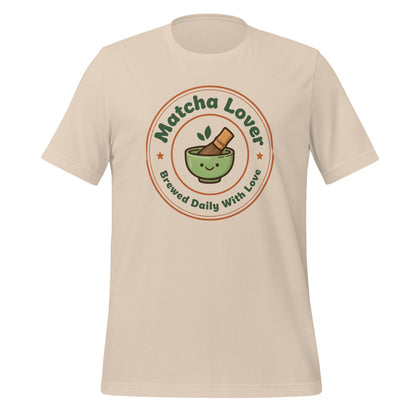 Matcha Lover retro café badge tee — Soft Cream, front