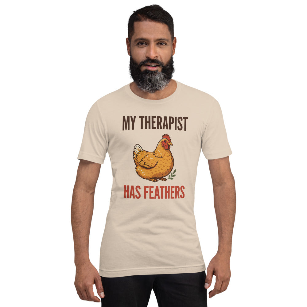 My Therapist Has Feathers funny chicken keeper tee — Soft Cream, on model
