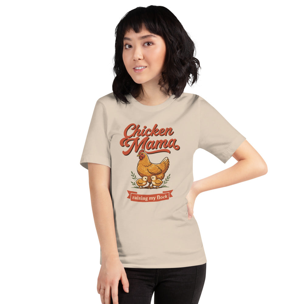 Chicken Mama raising my flock chicken keeper tee — Soft Cream, on model