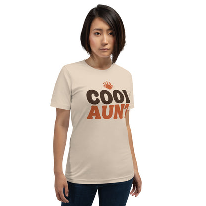 Cool Aunt retro groovy aunt tee — Soft Cream, on model