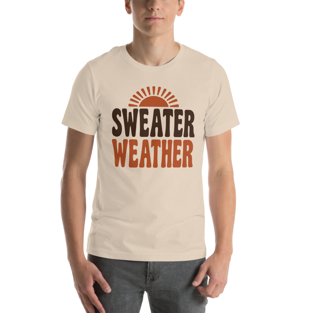 Sweater Weather retro 70s fall t-shirt — Soft Cream, on model