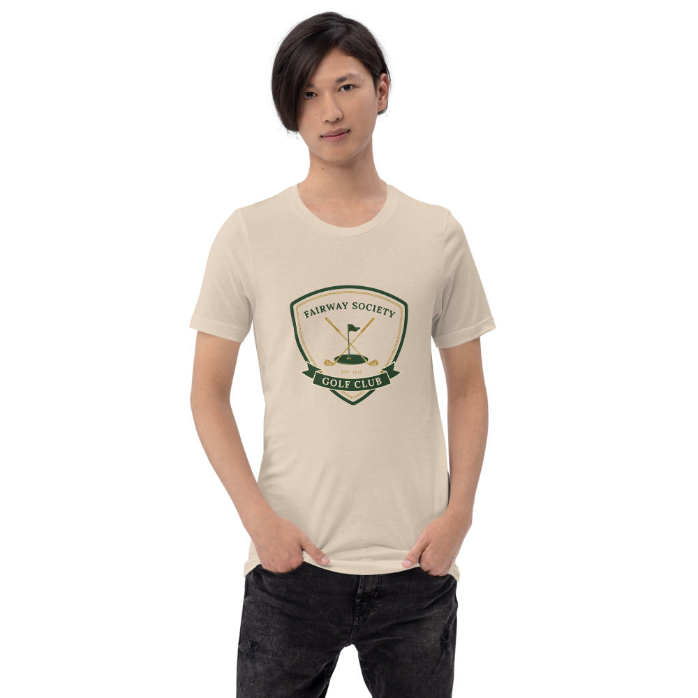 Fairway Society vintage golf club crest tee — Soft Cream, on model