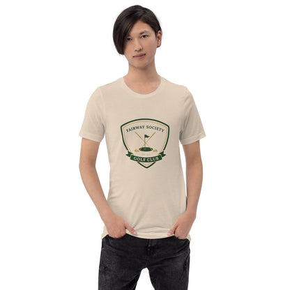Fairway Society vintage golf club crest tee — Soft Cream, on model