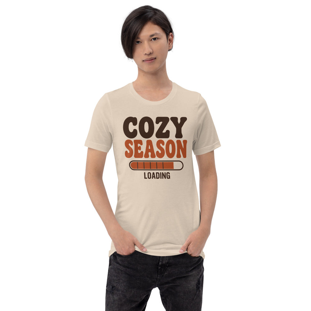 Cozy Season Loading retro 70s fall t-shirt — Soft Cream, on model