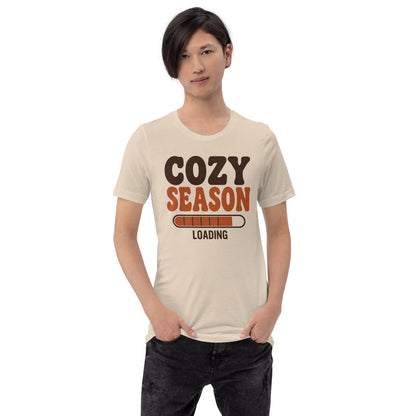 Cozy Season Loading retro 70s fall t-shirt — Soft Cream, on model
