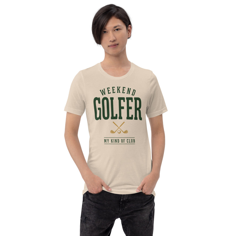 Weekend Golfer vintage golf wordmark tee — Soft Cream, on model