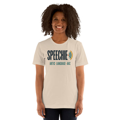 Speechie Wordmark speech therapy tee — Soft Cream, on model