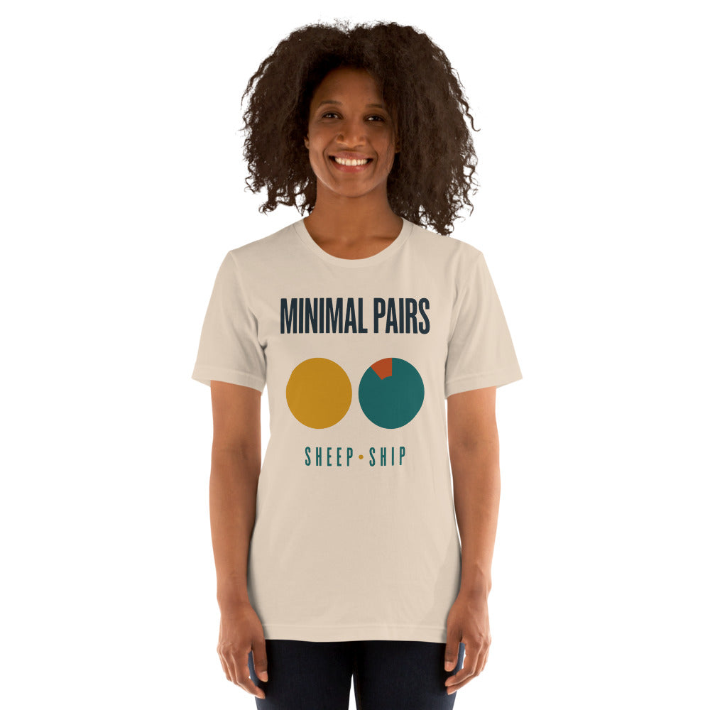 Minimal Pairs speech therapy tee — Soft Cream, on model