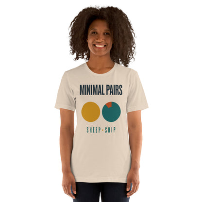 Minimal Pairs speech therapy tee — Soft Cream, on model