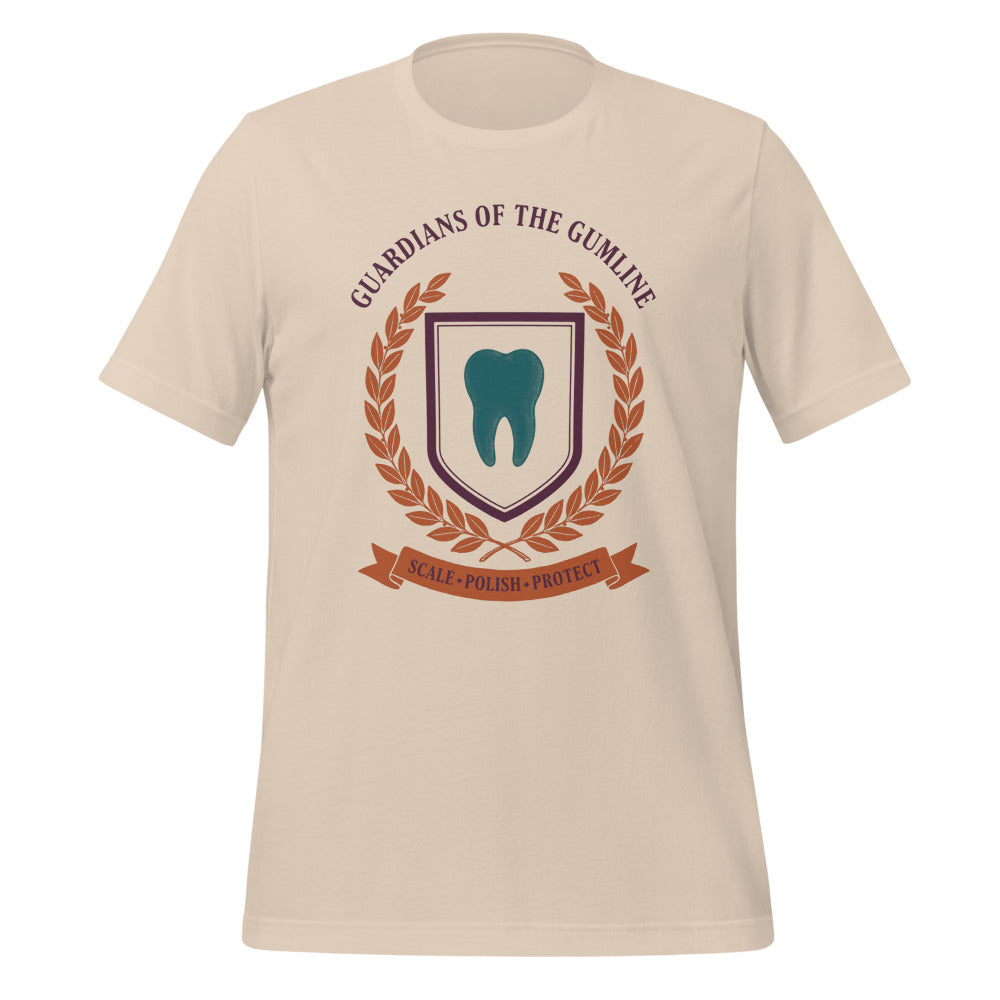 Guardians of the Gumline dental hygienist tee — Soft Cream, front