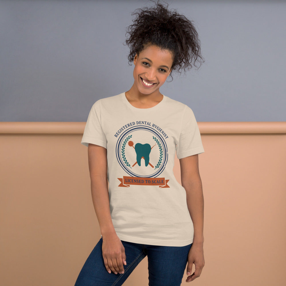 Licensed to Scale registered dental hygienist tee — Soft Cream, on model