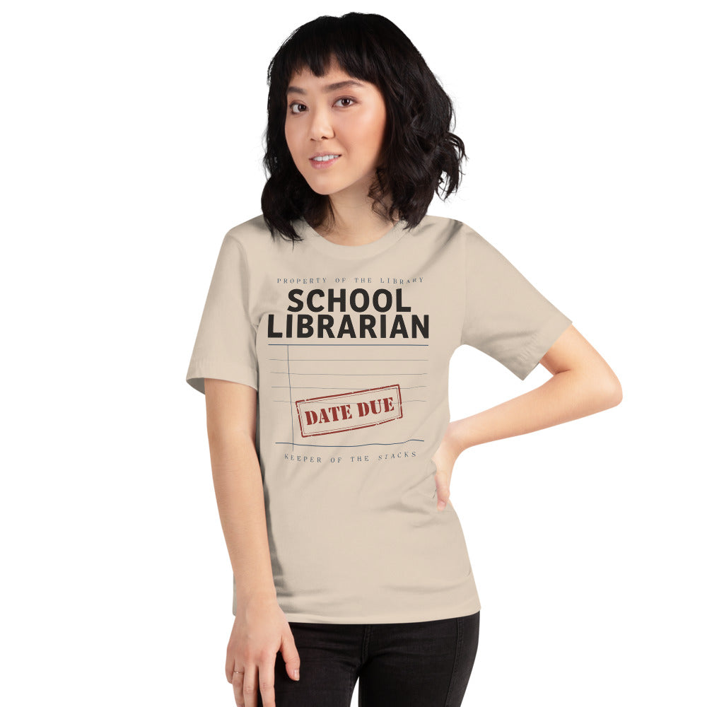 Property of the School Library card catalog school librarian tee — Soft Cream, on model