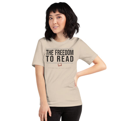 The Freedom to Read school librarian tee — Soft Cream, on model