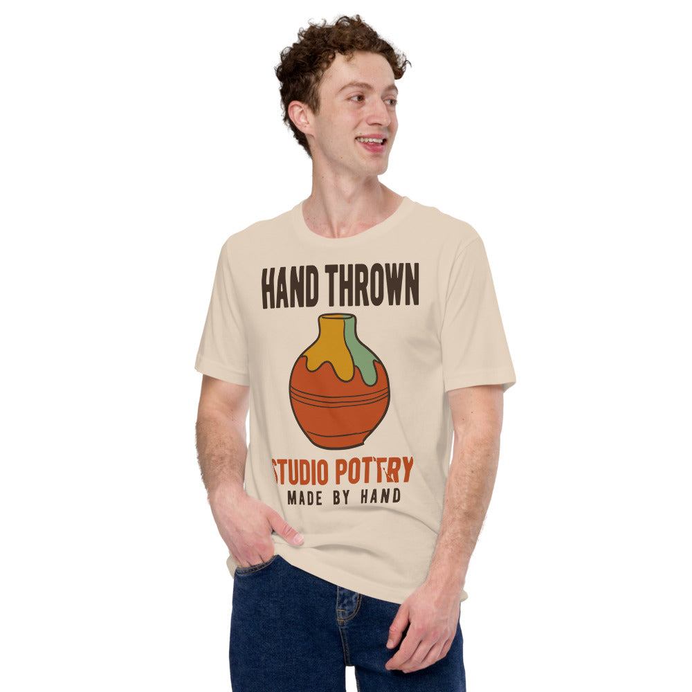 Hand Thrown Studio Pottery retro poster t-shirt — Soft Cream, on model