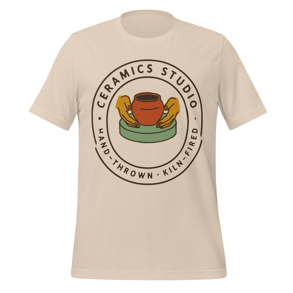 Ceramics Studio Badge hand-thrown pottery t-shirt — Soft Cream, front