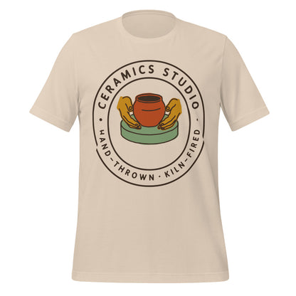 Ceramics Studio Badge hand-thrown pottery t-shirt — Soft Cream, front