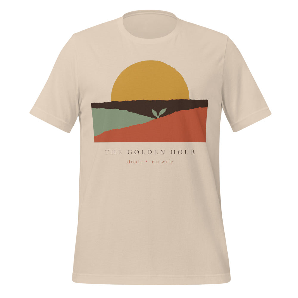 The Golden Hour birth worker doula t-shirt — Soft Cream, front