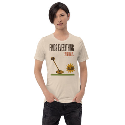 Finds Everything Eventually retro metal detecting tee — Soft Cream, on model