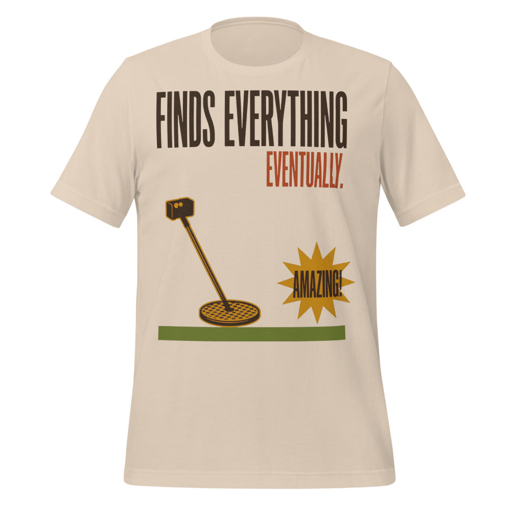 Finds Everything Eventually retro metal detecting tee — Soft Cream, front