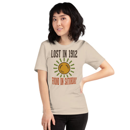 Lost in 1912 Found on Saturday retro metal detecting tee — Soft Cream, on model