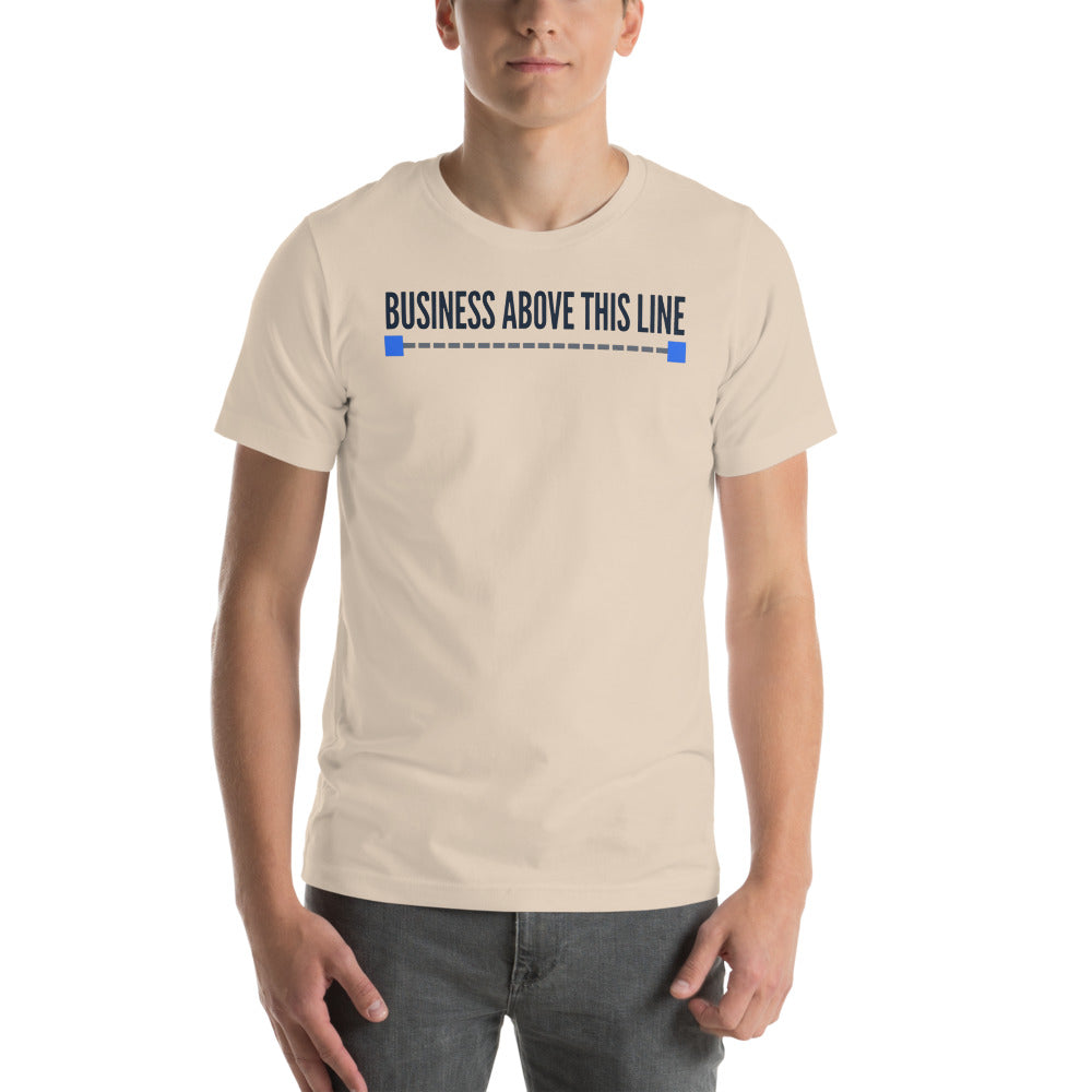 Business Above This Line unisex t-shirt — Soft Cream, on model