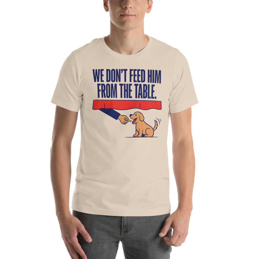 From The Table funny dog dad tee — Soft Cream, on model