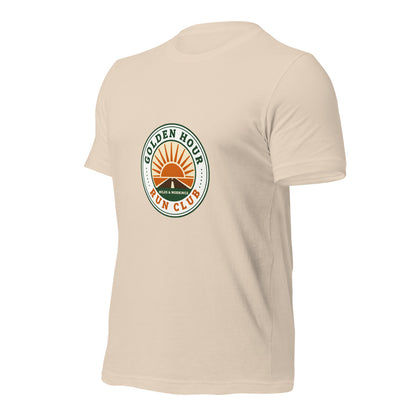 Golden Hour Run Club retro running tee — Soft Cream, front-right