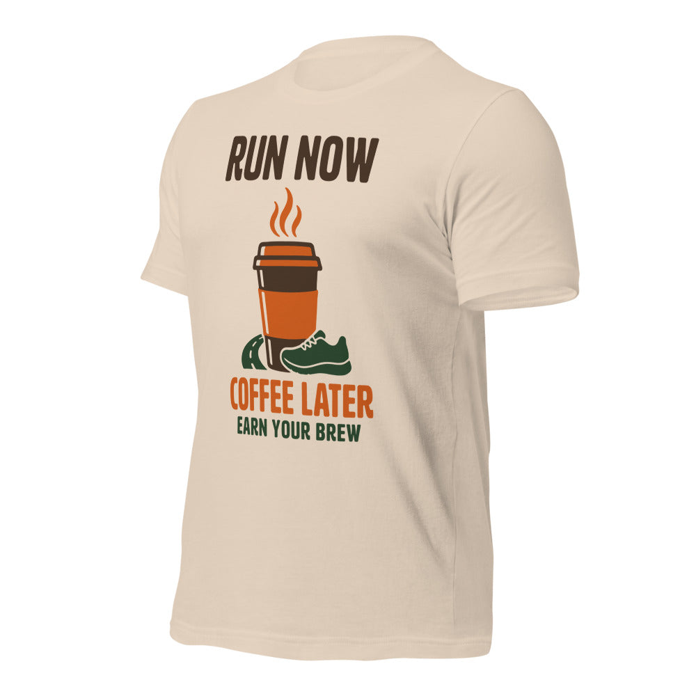 Run Now Coffee Later funny running tee — Soft Cream, front-right