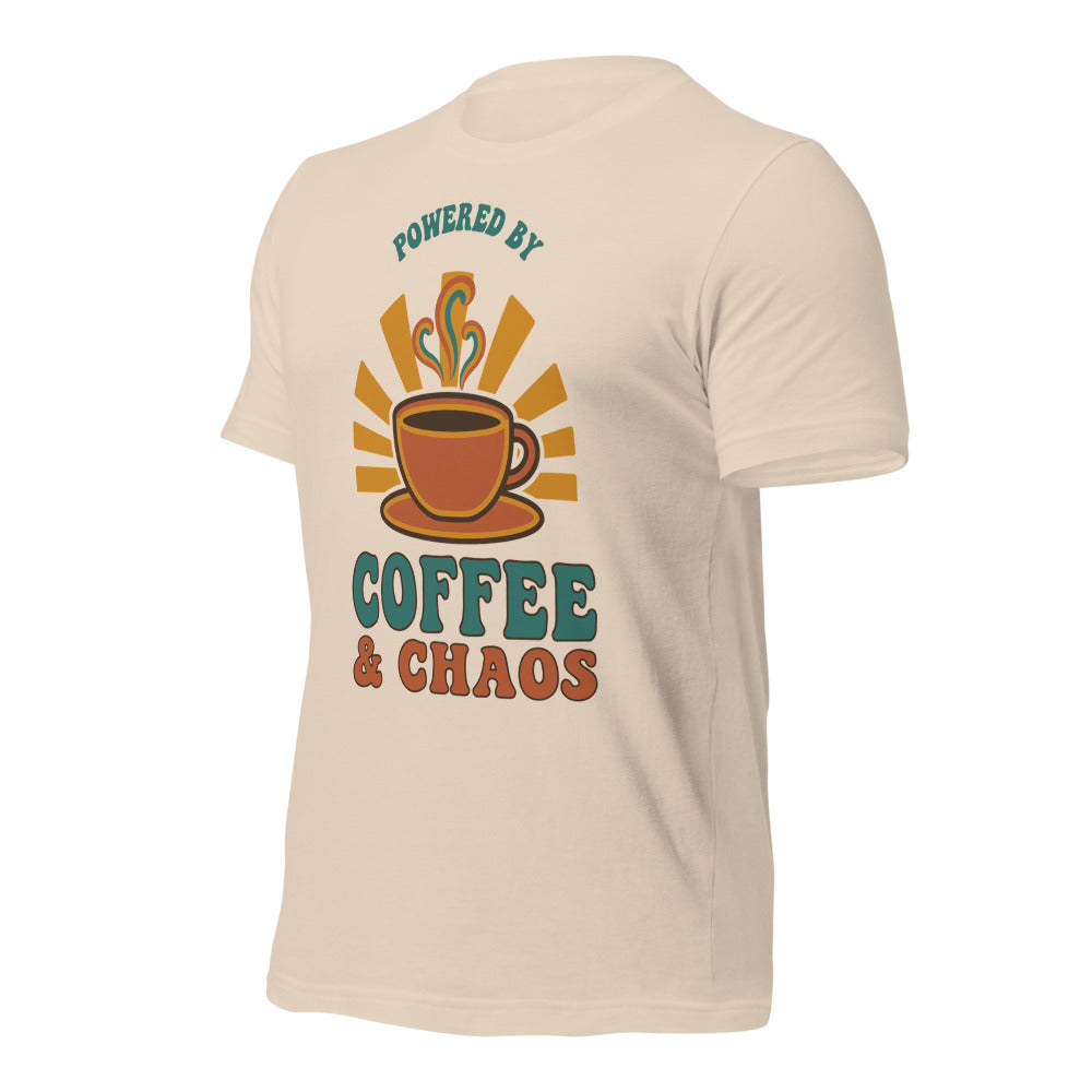 Powered By Coffee And Chaos retro groovy teacher tee — Soft Cream, front right angle