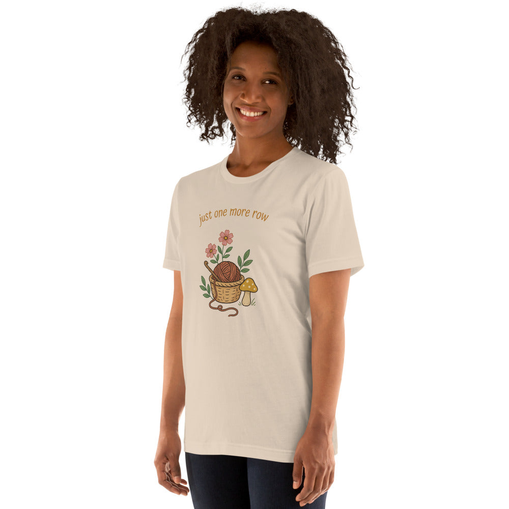 Just One More Row crochet cottagecore tee — Soft Cream, on model