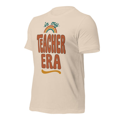 In My Teacher Era retro groovy teacher tee — Soft Cream, front right