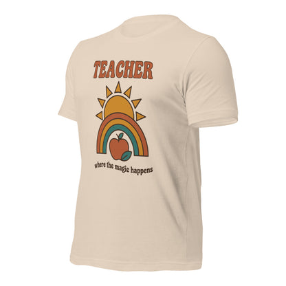 Teacher Where The Magic Happens retro groovy teacher tee — Soft Cream, front angle