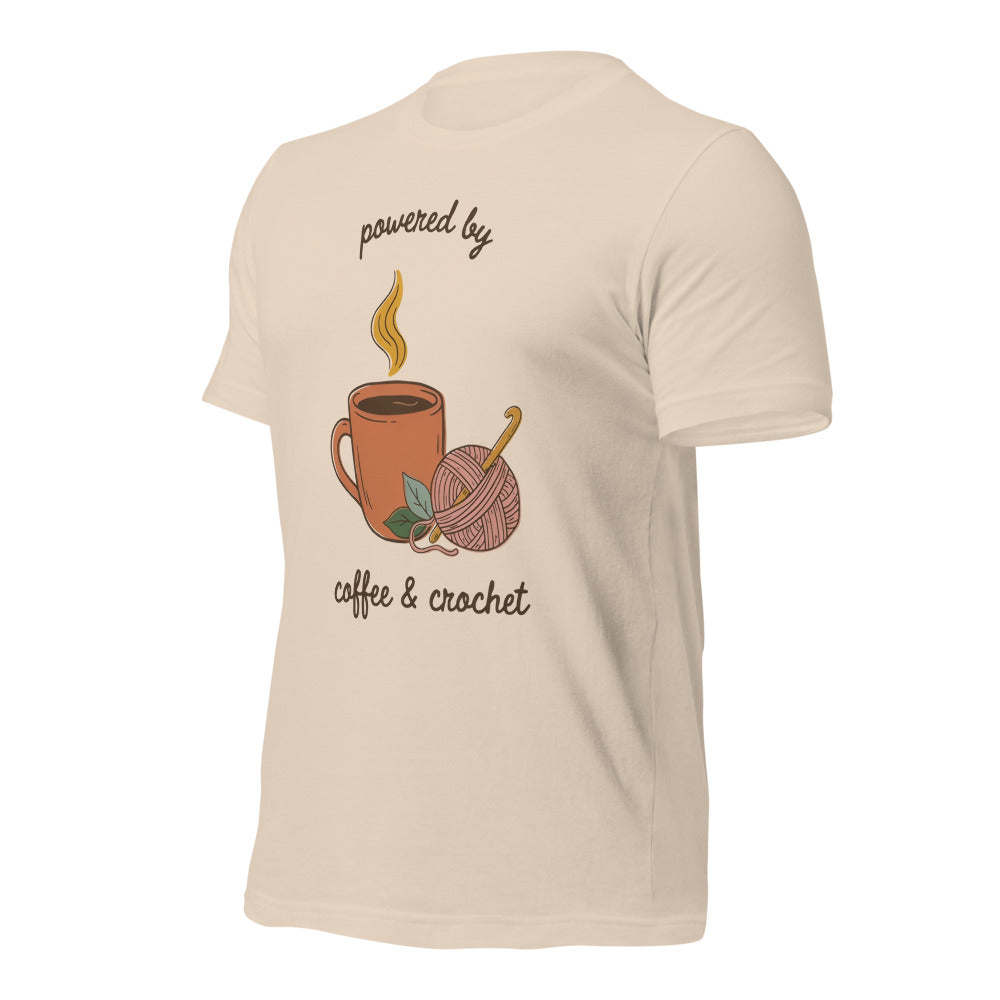 Powered by Coffee and Crochet cottagecore crochet tee — Soft Cream, front right