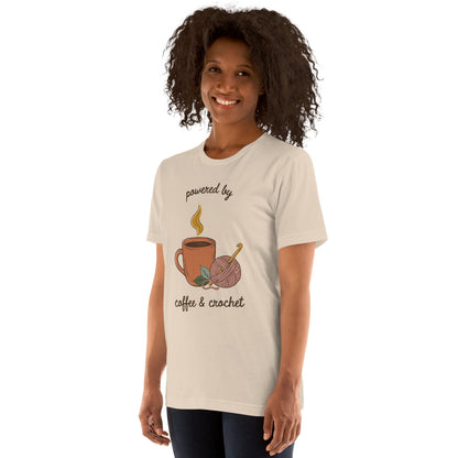 Powered by Coffee and Crochet cottagecore crochet tee — Soft Cream, on model