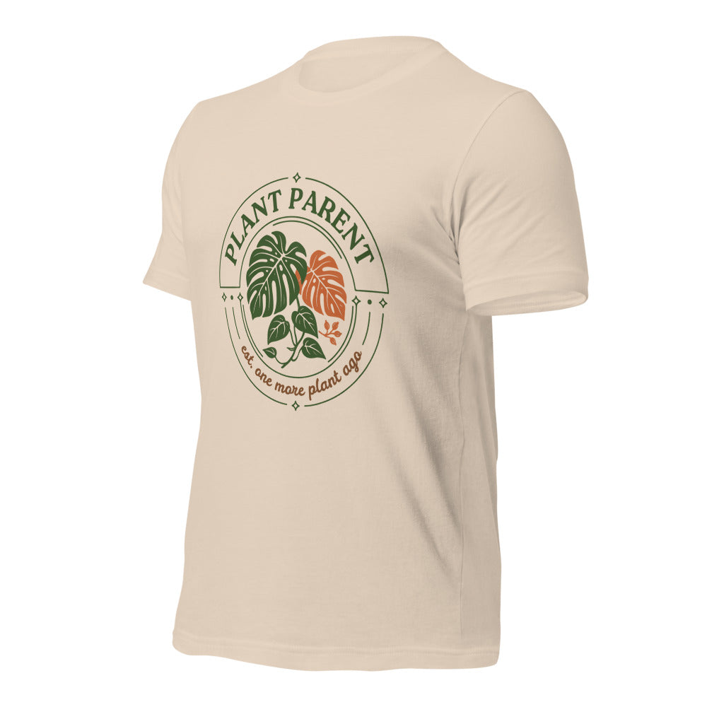 Plant Parent retro botanical badge tee — Soft Cream, front right