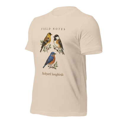 Backyard Songbirds vintage field-guide tee — Soft Cream, front-right