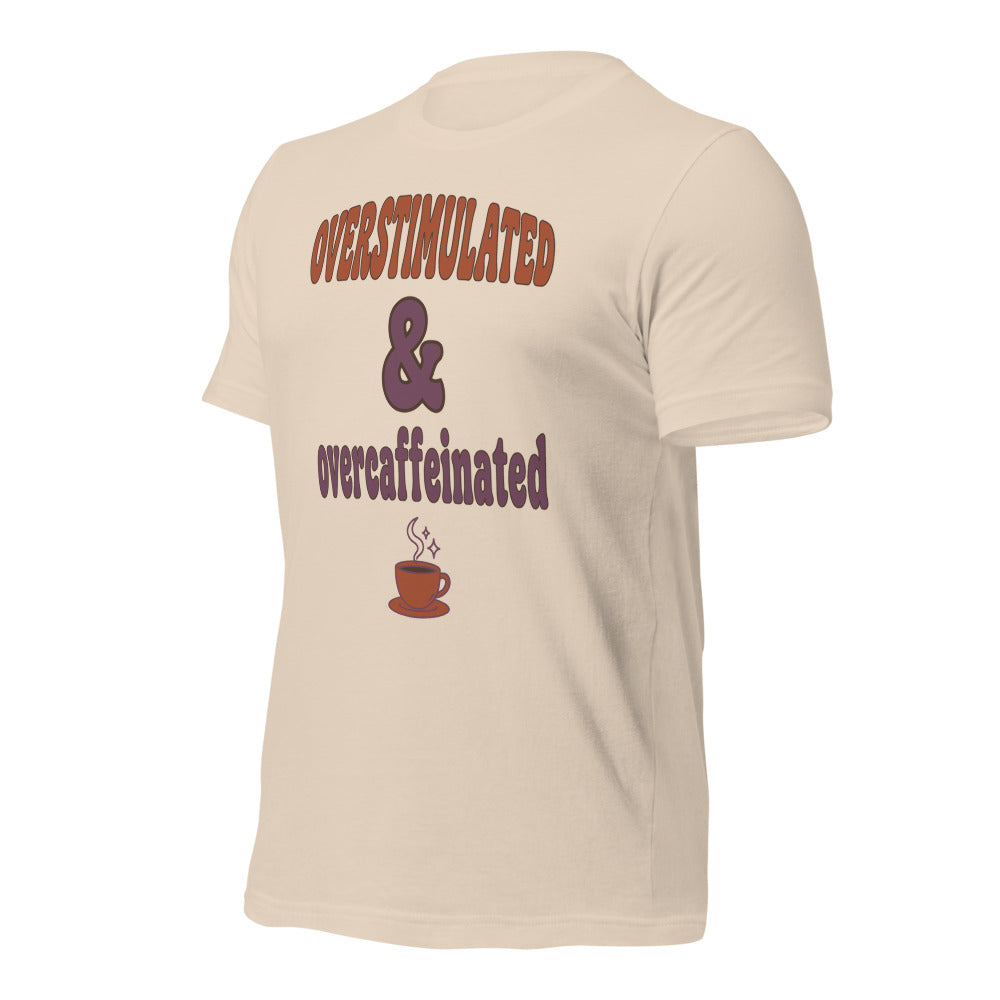 Overstimulated & Overcaffeinated soft retro coffee mental health tee — Soft Cream, front-right