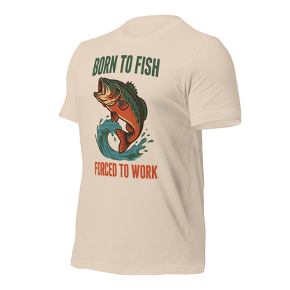 Born to Fish Forced to Work retro fishing humor tee — Soft Cream, front-right