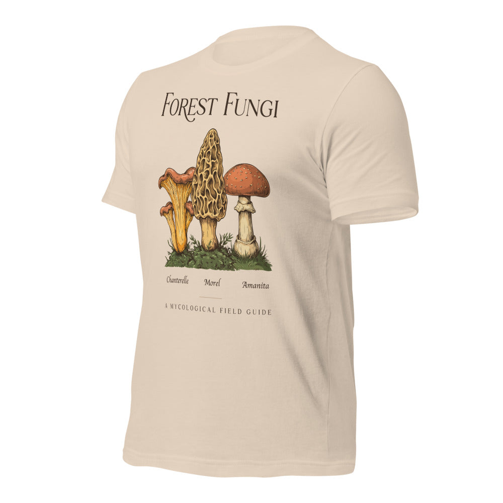 Forest Fungi vintage mushroom field guide tee — Soft Cream, front-right