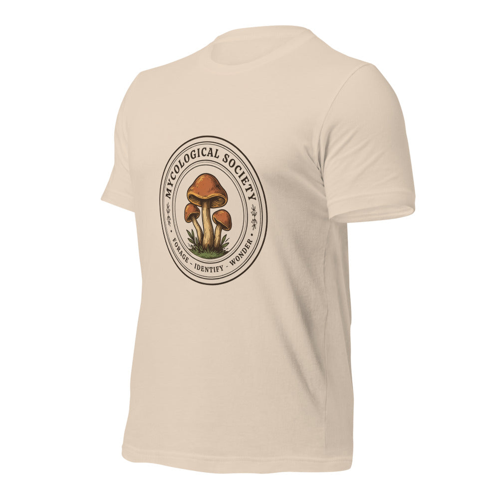 Mushroom Foraging Mycological Society vintage botanical tee — Soft Cream, front-right