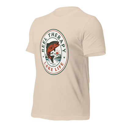 Reel Therapy retro national-park trout badge fishing tee — Soft Cream, front-right