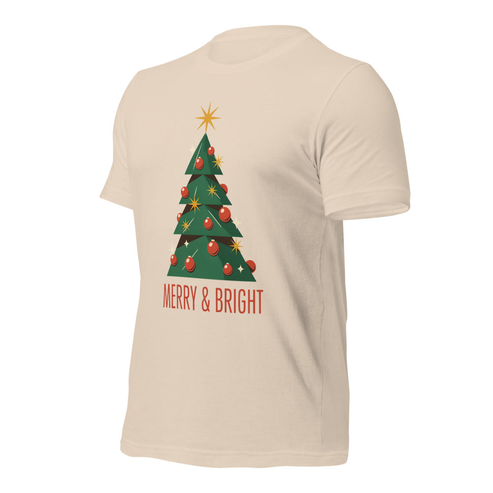 Atomic mid-century retro Christmas tree tee — Soft Cream, front-right