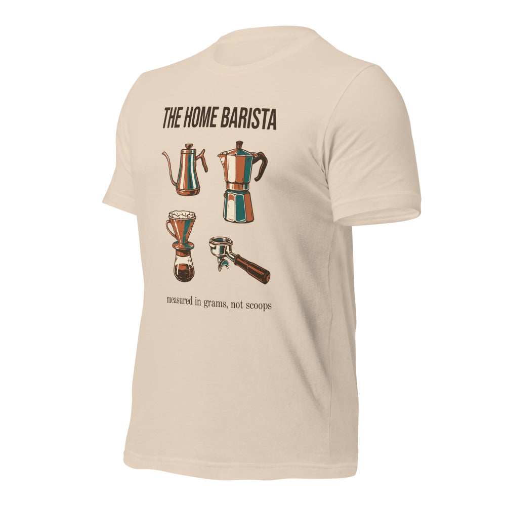 The Home Barista specialty coffee tee — Soft Cream, front-right