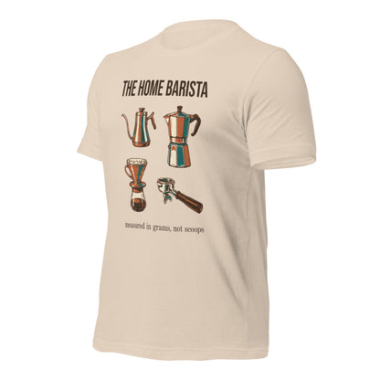 The Home Barista specialty coffee tee — Soft Cream, front-right