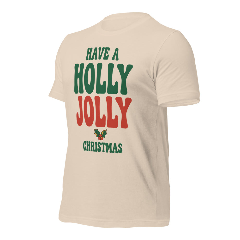 Groovy Holly Jolly retro Christmas tee — Soft Cream, front-right