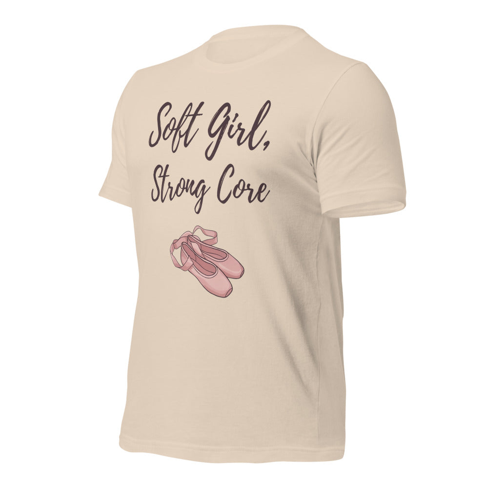 Soft Girl Strong Core ballet coquette pilates tee — Soft Cream, front-right